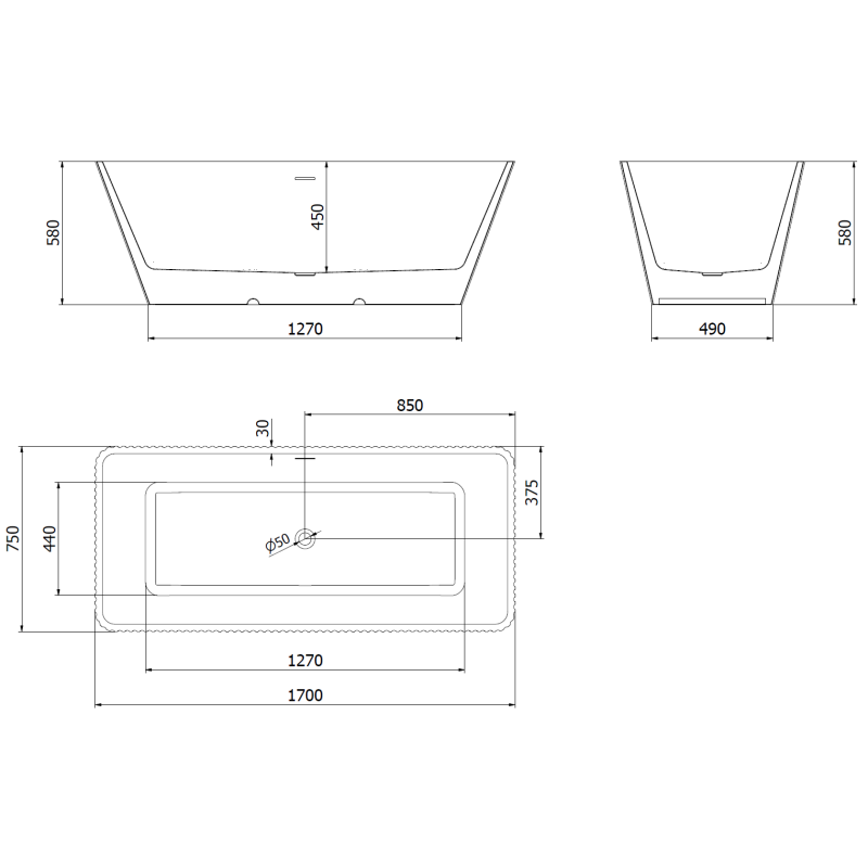 Mexen Tava volně stojící rýhovaná vana 170 x 75 cm, bílá/černá, přepad gun gray kartáčovaný - 52851707575-66