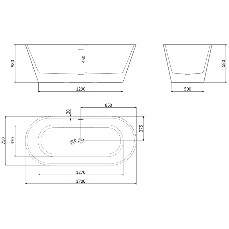 Mexen Yara volně stojící vana rýhovaná 170 x 75 cm, bílá, přepad zlatý kartáčovaný - 52861707500-55