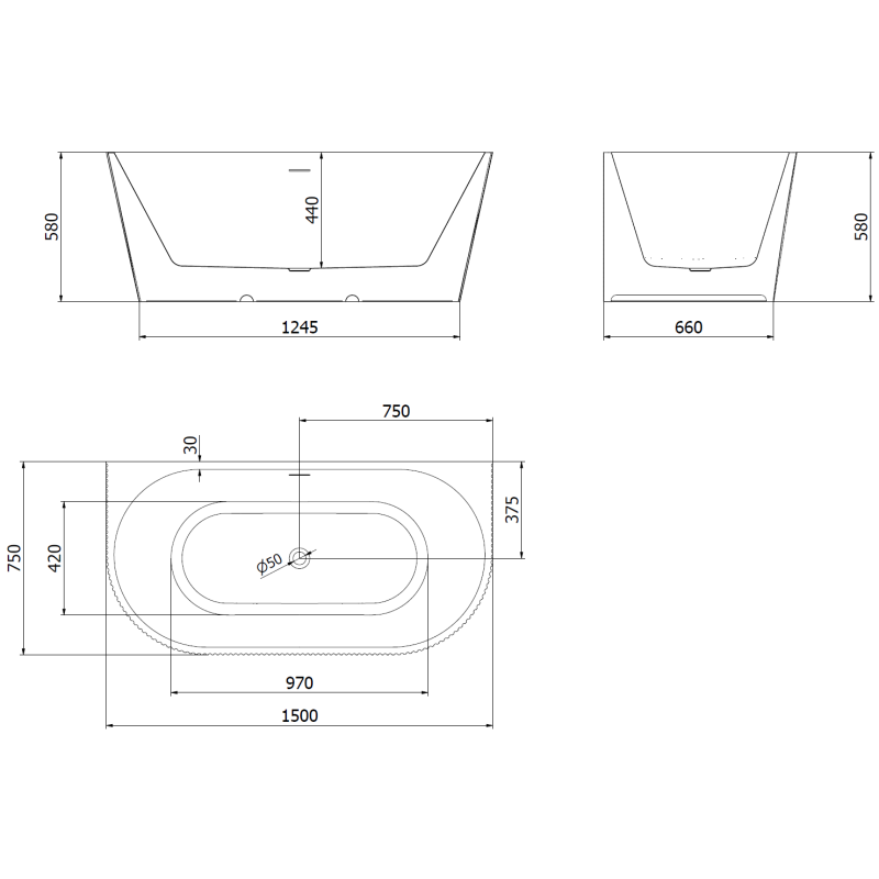 Mexen Oris volně stojící přisazená vana rýhovaná 150 x 75 cm, bílá, přepad kartáčovaný nikl - 52871507500-97