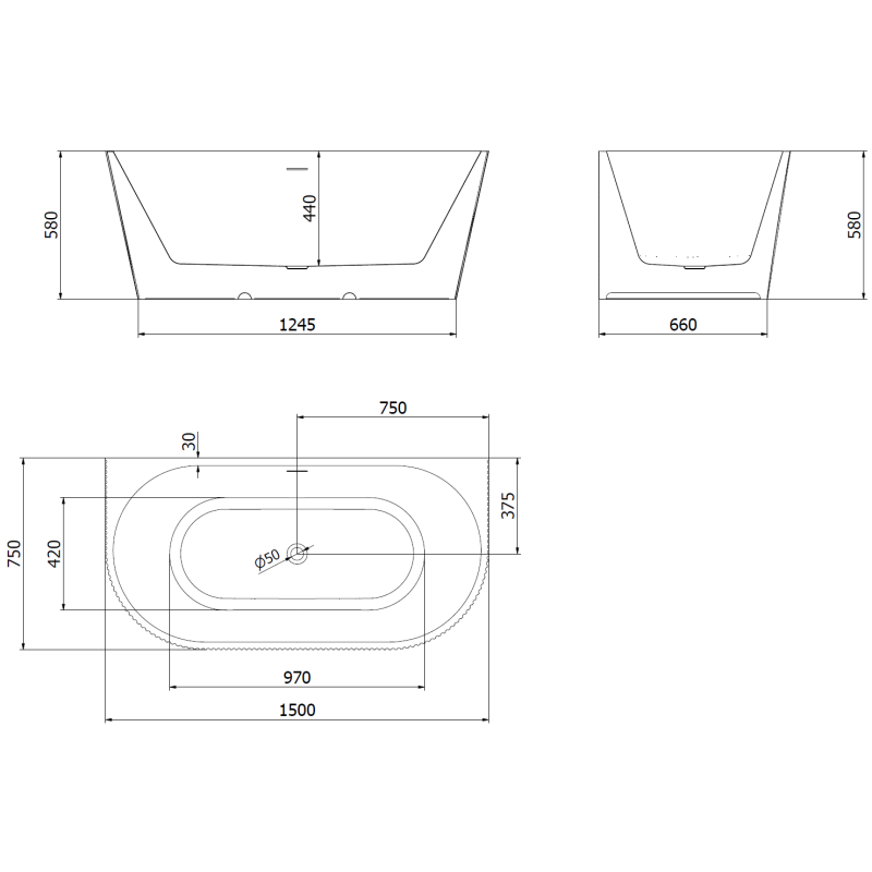 Mexen Oris wanna volně stojící ke stěně s drážkami 150 x 75 cm, bílá/šedá, přepad gun gray kartáčovaný - 52871507562-66
