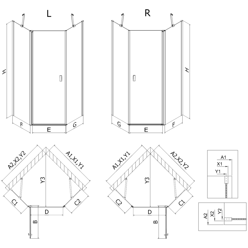Mexen Mist asymetrická pětiúhelníková sprchová kabina, levá, 80 x 90 cm, černá mřížka, černá - 8A8-080-090-70-77-L