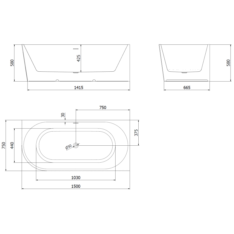 Mexen Silo volně stojící rohová vana pravá rýhovaná 150 x 75 cm, bílá/černá, přepad chromový - 52891507575P-01