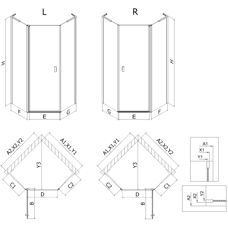 Mexen Mist L asymetrická pětiúhelníková sprchová kabina s otočnými dveřmi, levá 90 x 80 cm, černá mřížka, černá