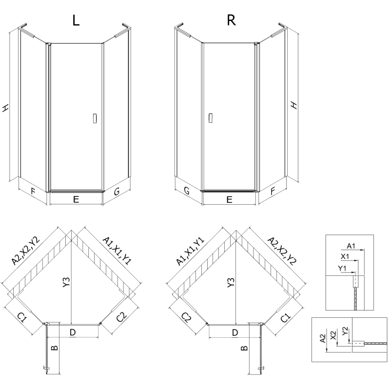 Mexen Mist L asymetrická sprchová kabina pětiúhelná pravá 80 x 100 cm, černá mřížka, černá - 8A8L-080-100-70-77-P