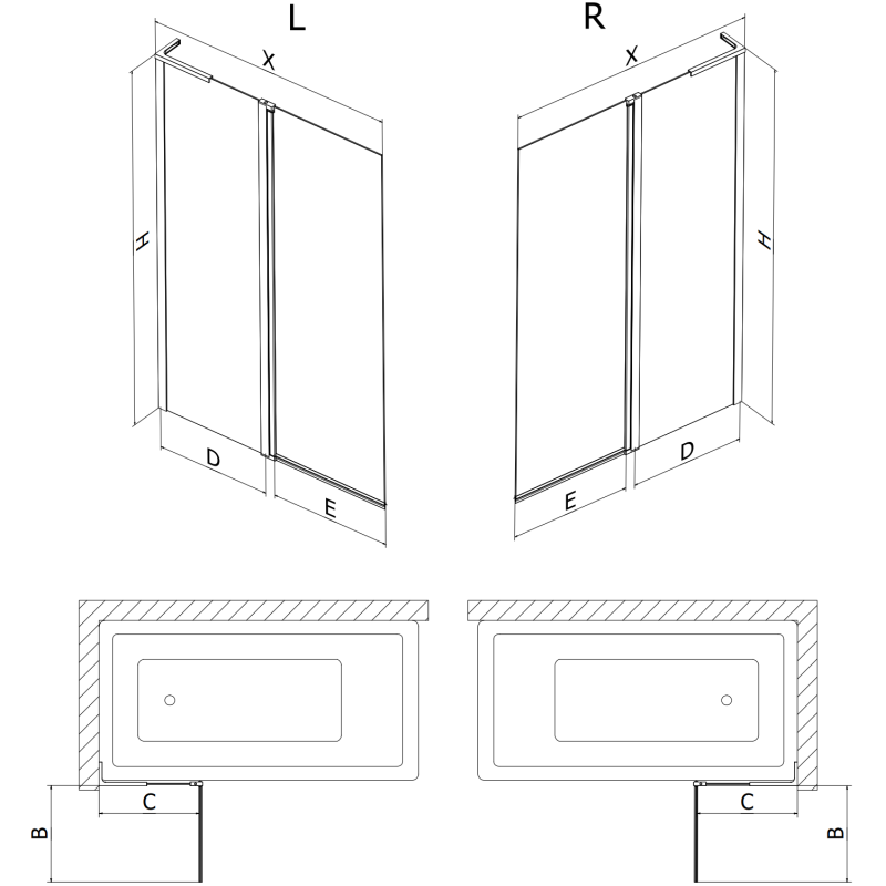 Mexen Mist L vanová zástěna 2-křídlová 100 x 150 cm, transparentní, černá - 8A9L-100-011-70-00