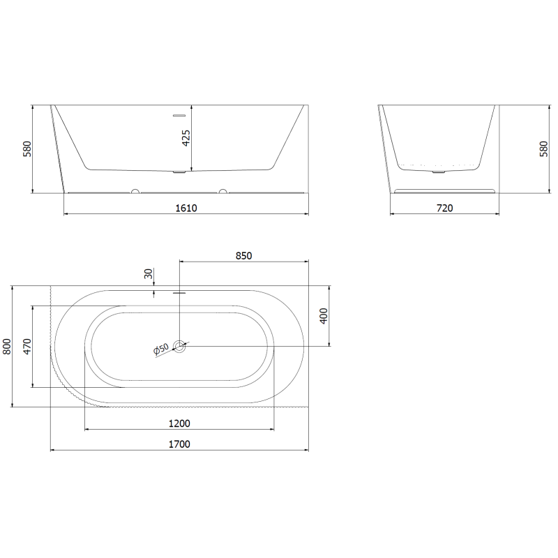 Mexen Silo volně stojící rohová vana pravá rýhovaná 170 x 80 cm, bílá/šedá, přepad zlatý - 52891708062P-50