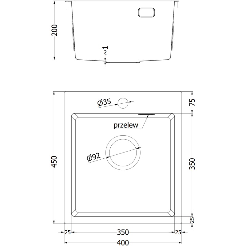 Mexen Solix dřez z nerezové oceli, 1-komorový 400 x 450 mm, inox - 6401401000-01