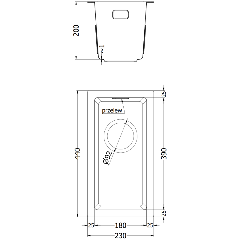 Mexen Trixo dřez ocelový 1-komorový 230 x 440 mm, zlatý - 6411221000-55