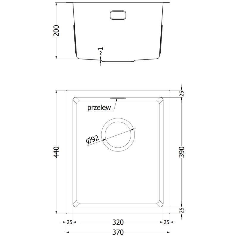 Mexen Trixo nerezový dřez 1-komorový 370 x 440 mm, inox - 6412371000-01