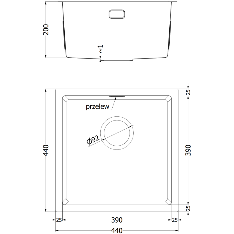 Mexen Trixo dřez ocelový 1-komorový 440 x 440 mm, černý - 6413441000-70