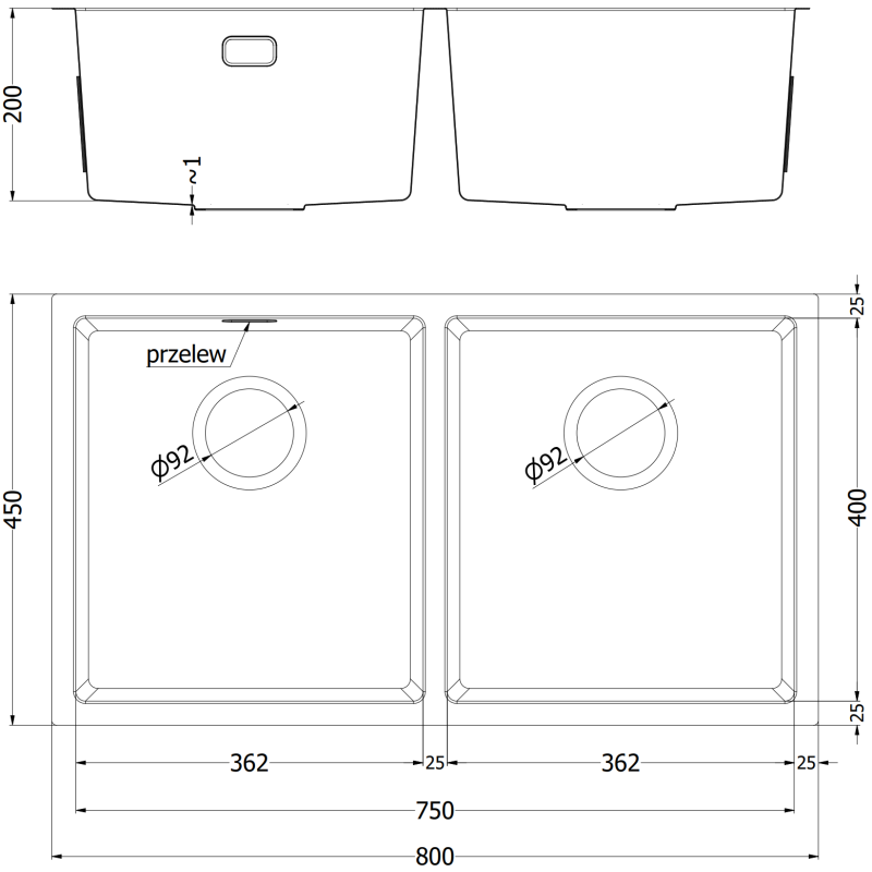 Mexen Binox ocelový dřez 2-komorový 800 x 450 mm, zlatý HC - 6421802000-55HC