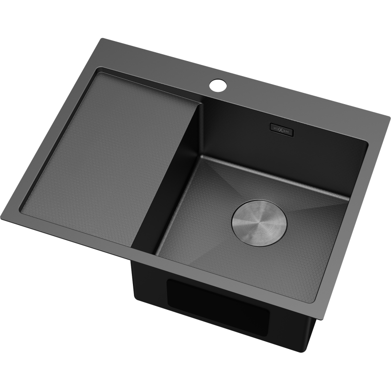 Mexen Exar ocelový dřez 1-komorový s odkapávačem, pravý 620 x 480 mm, černý HC - 6432621005P-70HC