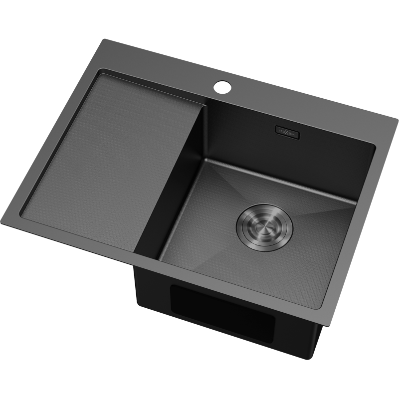 Mexen Exar ocelový dřez 1-komorový s odkapávačem, pravý 620 x 480 mm, černý HC - 6432621005P-70HC