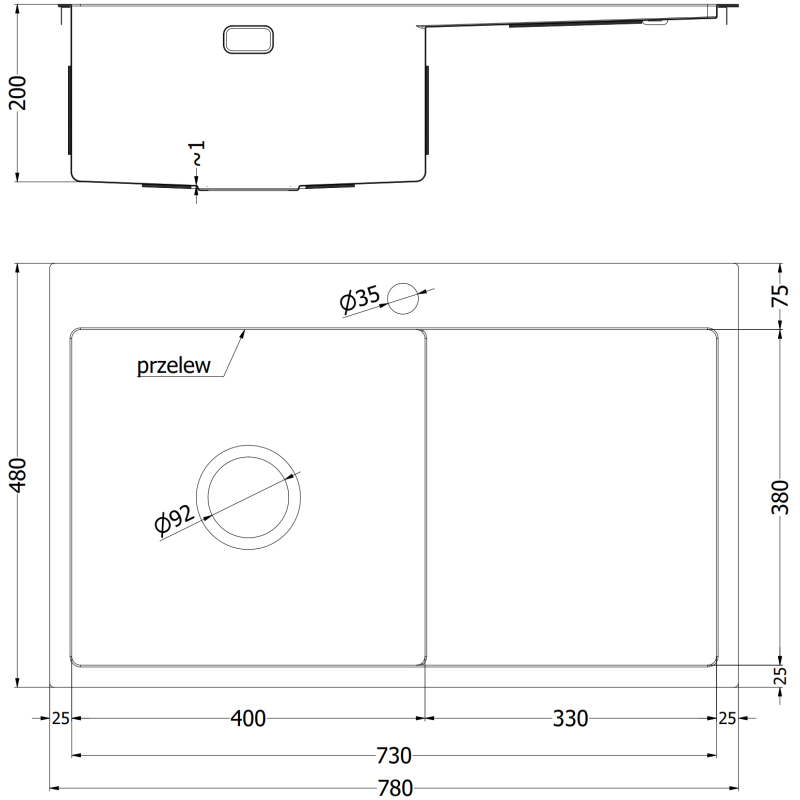 Mexen Exar ocelový dřez s jednou komorou a odkapávačem, pravý 780 x 480 mm, měď HC - 6434781010P-65HC