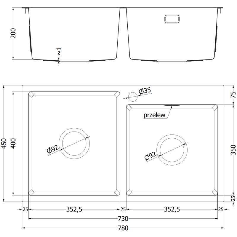 Mexen Xorin ocelový dřez 2-komorový 780 x 450 mm, černý HC - 6441782000-70HC