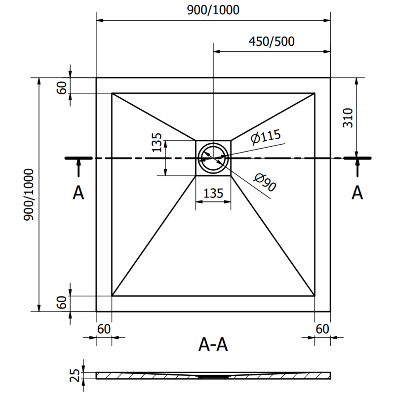 Mexen Stone+ čtvercový kompozitní sprchový kout 90 x 90 cm, černý - 44709090