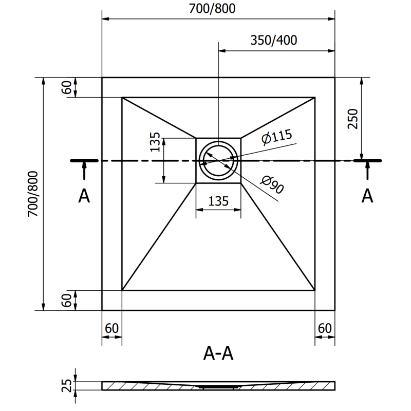 Mexen Stone+ kompozitová čtvercová sprchová vanička 70 x 70 cm, antracit - 44717070