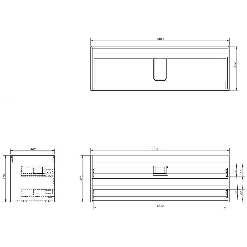 Mexen Orio koupelnová skříňka pod umyvadlo 140 cm s deskou, 2 zásuvky, černá mat - 91A10-14047-2-BFFC71