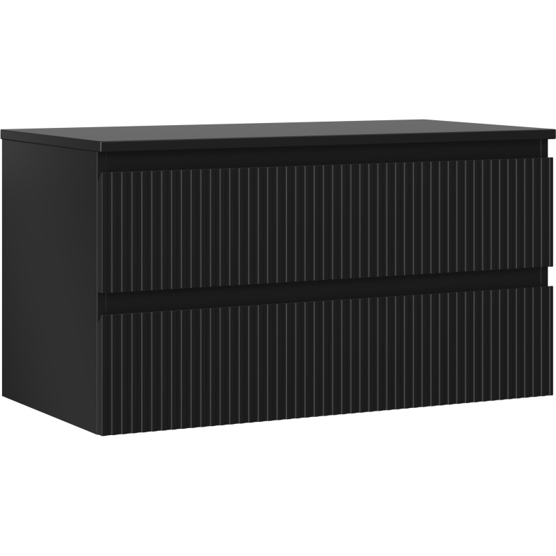 Mexen Rivel koupelnová skříňka pod umyvadlo 90 cm s deskou, 2 zásuvky, drážkovaná, černý mat - 91A20-09047-2-BFFC71