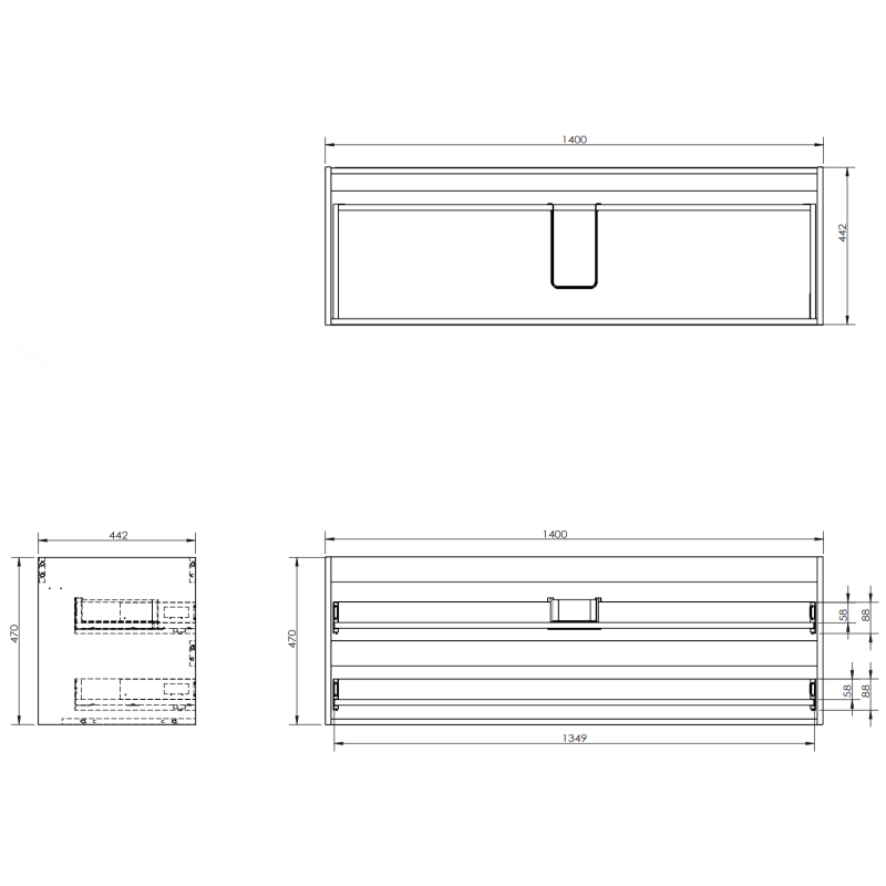 Mexen Rivel koupelnová skříňka pod umyvadlo 140 cm s deskou, 2 zásuvky, rýhovaná, grafit mat - 91A20-14047-2-BFFC66