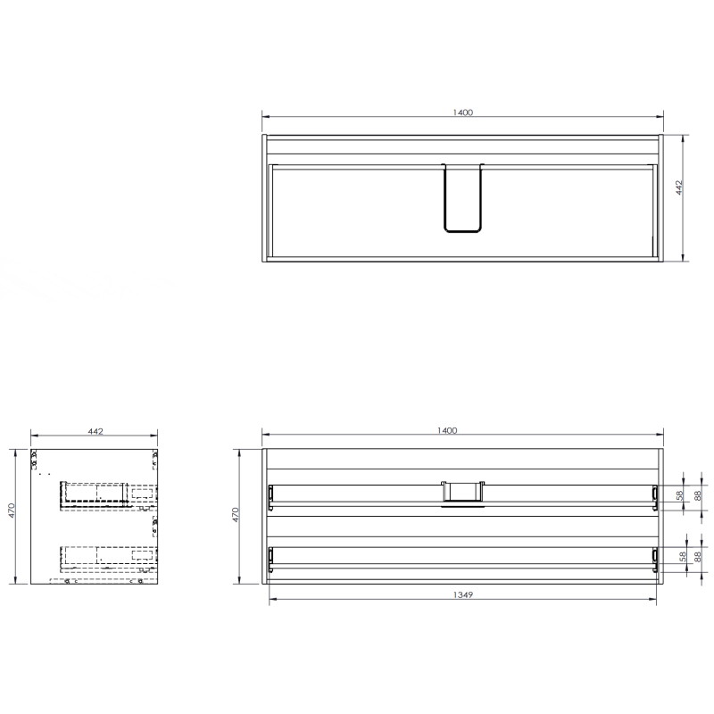 Mexen Rivel Koupelnová skříňka pod umyvadlo 140 cm s deskou, 2 zásuvky, drážkovaná, černý mat - 91A20-14047-2-BFFC71