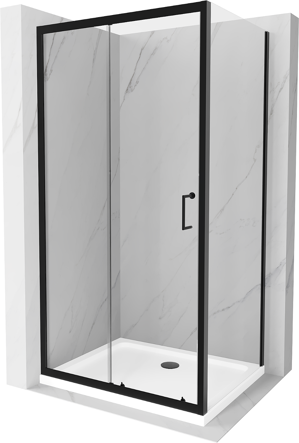 Mexen Apia rozsouvací sprchový kout 140 x 90 cm, Průhledné, Černá + sprchová vanička Flat, Bílá- 840-140-090-70-00-4010B