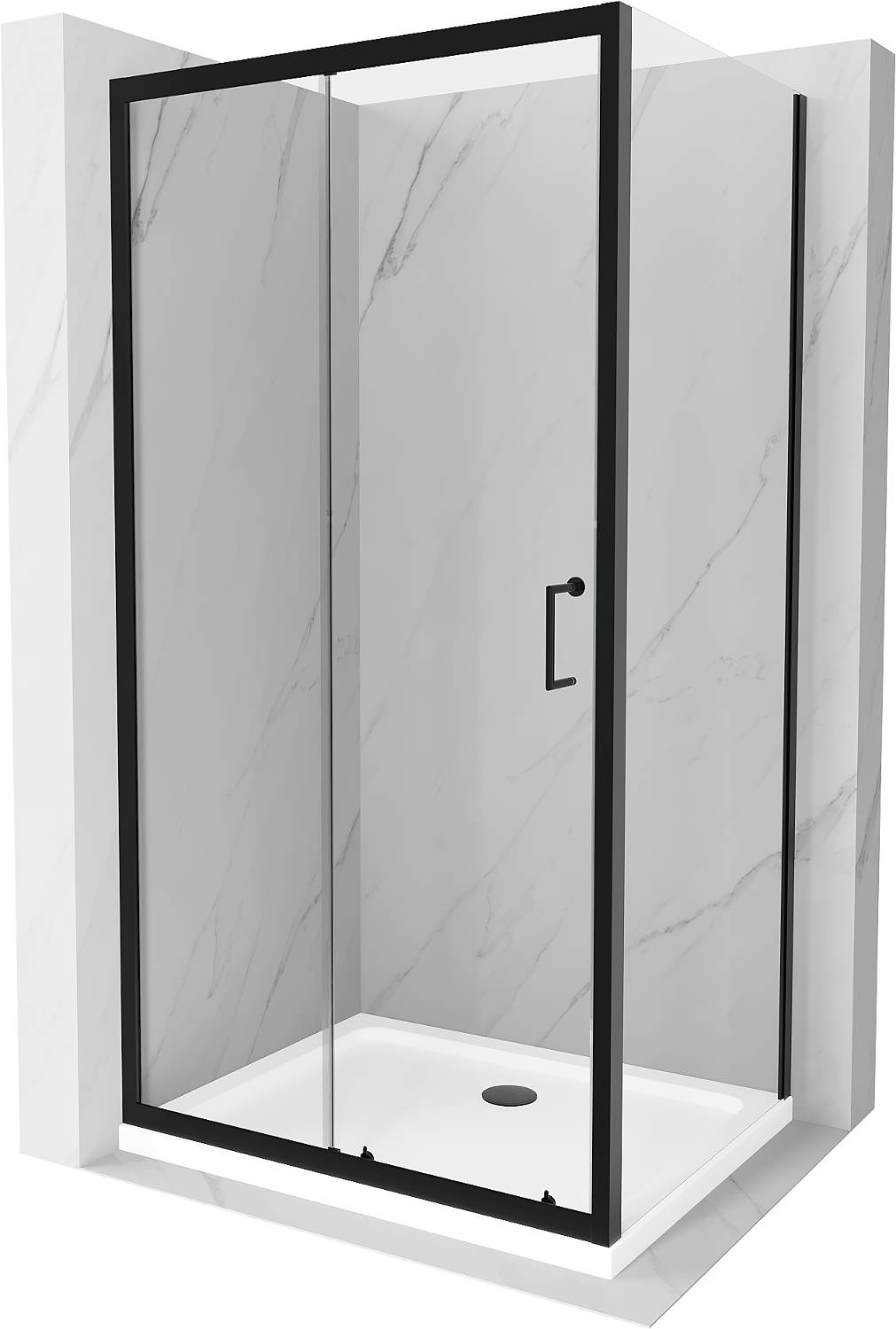 Mexen Apia rozsouvací sprchový kout 140 x 70 cm, Průhledné, Černá + sprchová vanička Flat, Bílá- 840-140-070-70-00-4010B