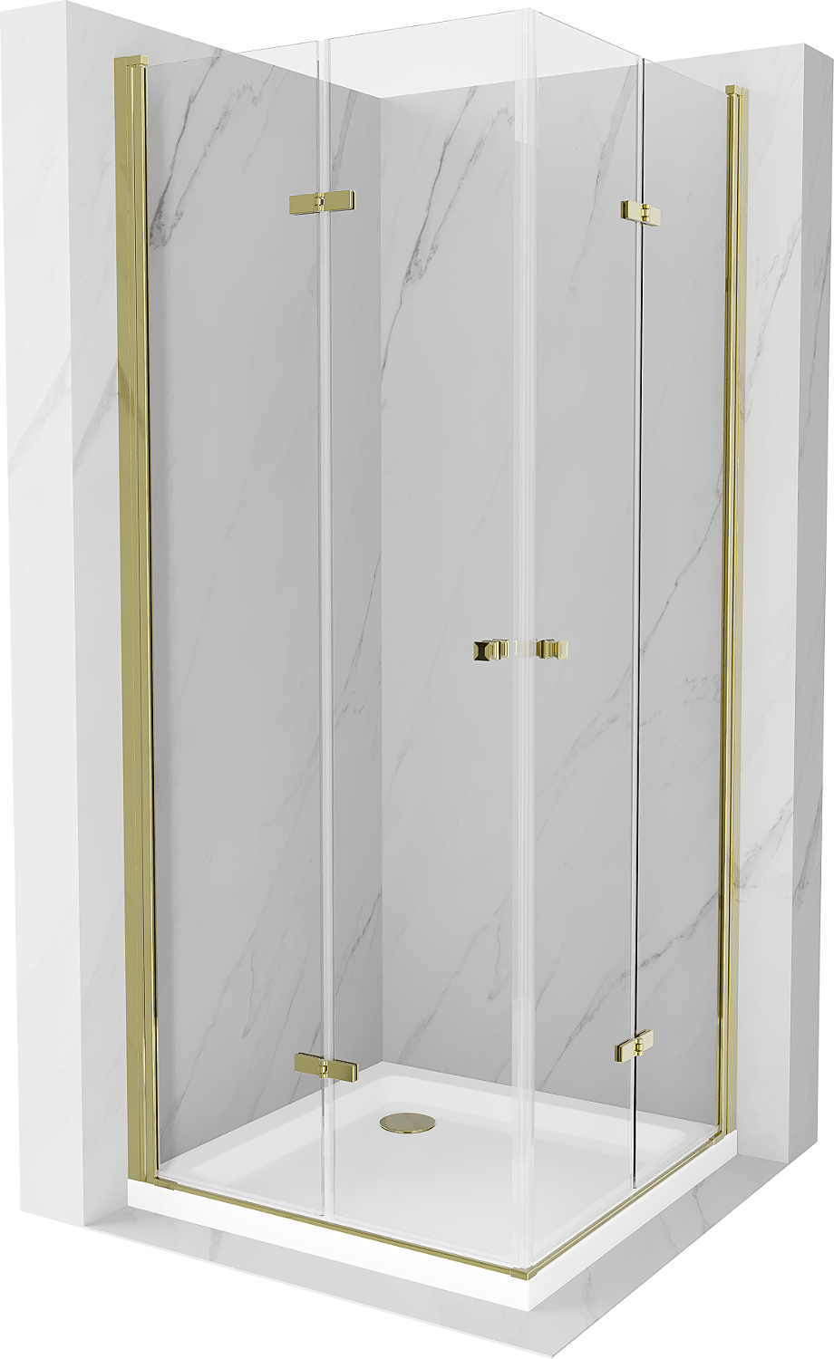 Mexen Lima Duo skládací sprchový kout 80 x 80 cm, Průhledné, Zlatá + sprchová vanička Flat - 856-080-080-50-02-4010G