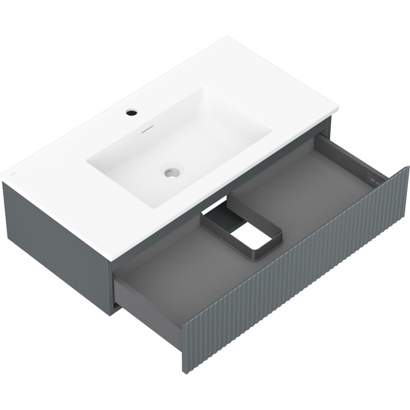 Mexen Rivel koupelnová skříňka 90 cm s umyvadlem Otis, 1 zásuvka, žebrovaná, grafit mat/bílá mat