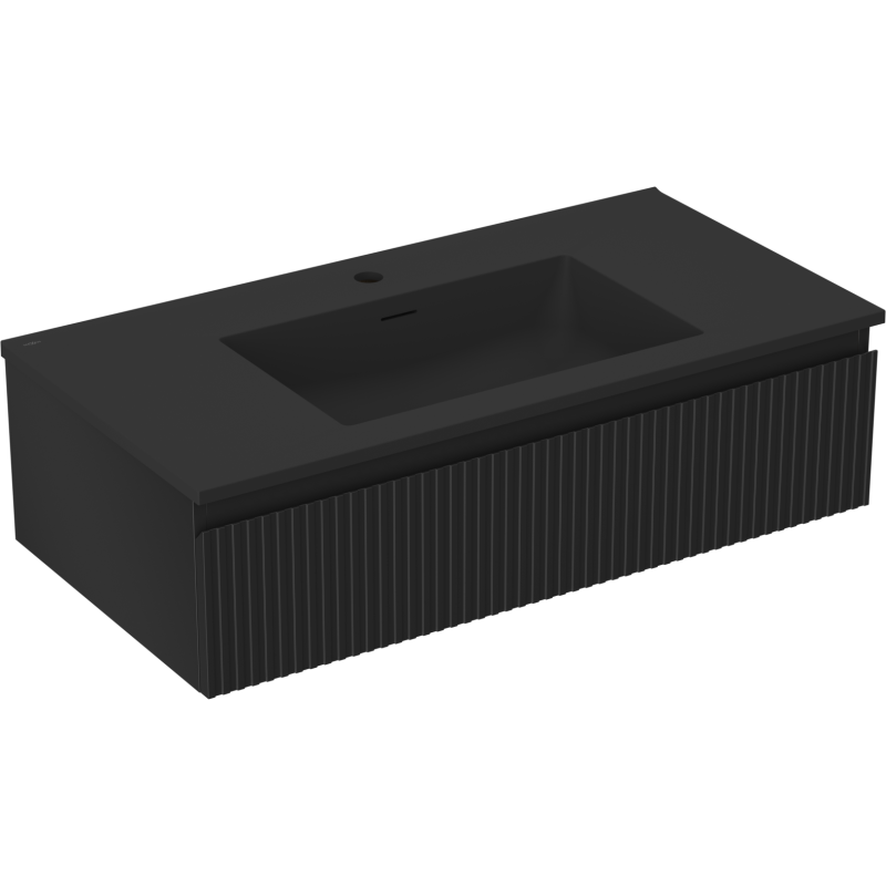 Mexen Rivel koupelnová skříňka 90 cm s umyvadlem Otis, 1 zásuvka, drážkovaný, černá matná - 91A20-09023-1-BF71-W18M71