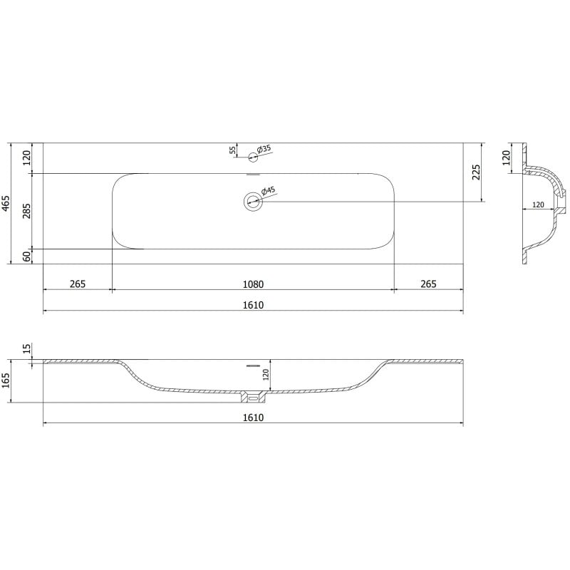 Mexen Rivel koupelnová skříňka 160 cm s umyvadlem Vela, 1 zásuvka, rýhovaná, černá mat - 91A20-16023-1-BF71-W23M71