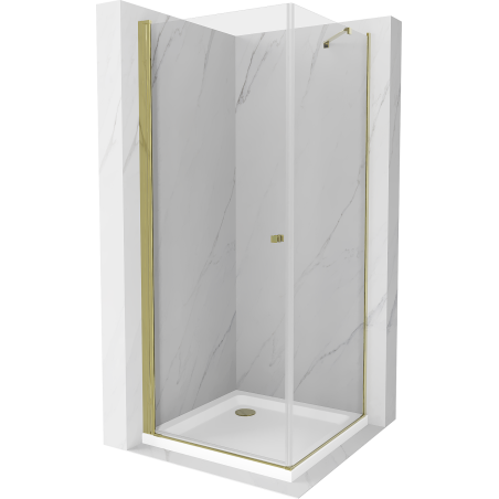 Mexen Pretoria sprchový kout otevírací 90 x 90 cm, transparentní, zlatý + vanička Flat - 852-090-090-50-00-4010
