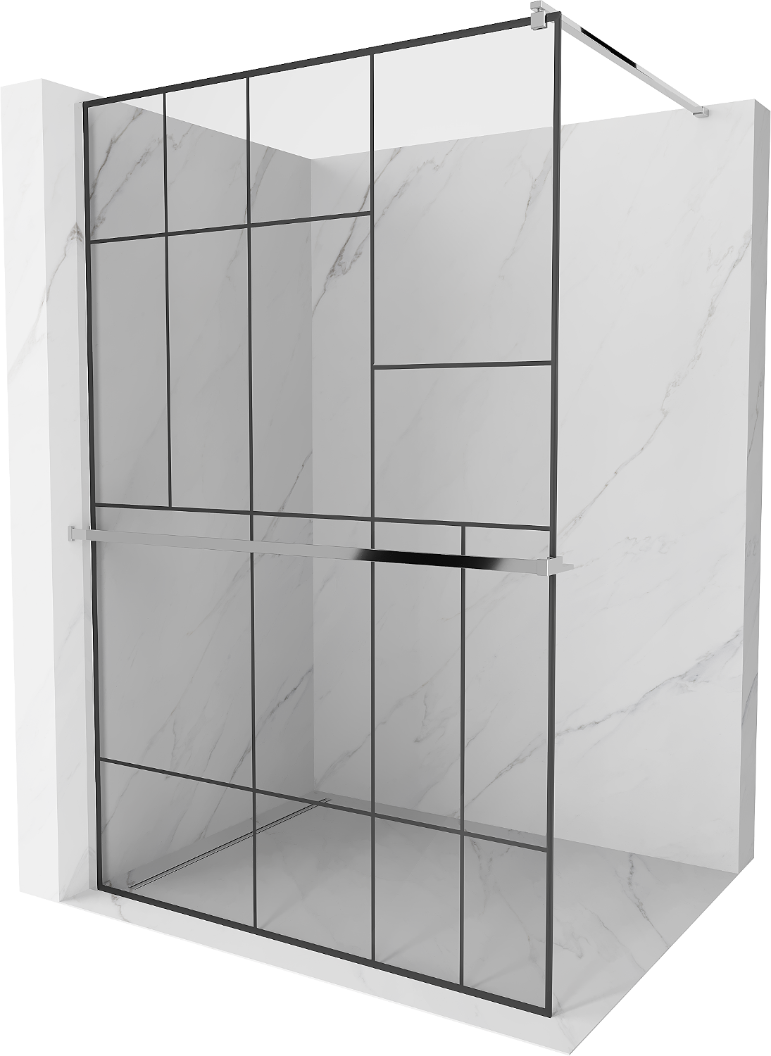 Mexen Kioto+ sprchová zástěna s poličkou a kolejnicí 70 x 200 cm, Průhledné/Černý vzor 8 mm, Chromovaná - 800-070-121-01-78