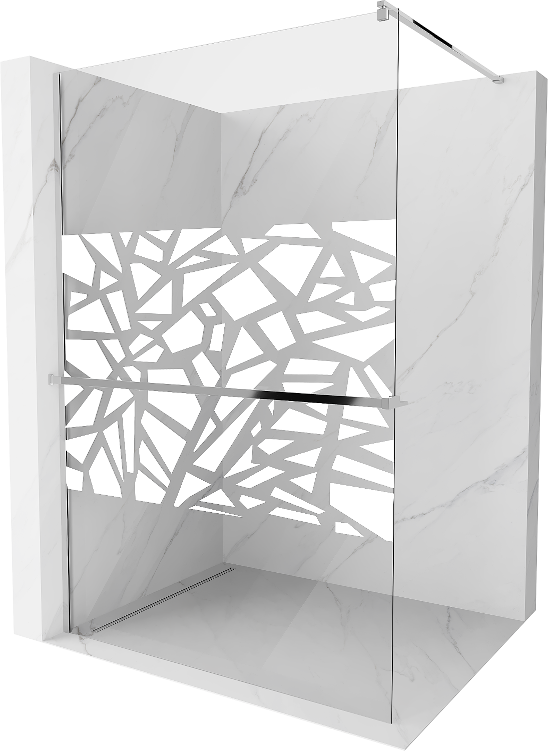 Mexen Kioto+ sprchová zástěna s poličkou a kolejnicí 120 x 200 cm, Průhledné/Bílý vzor 8 mm, Chromovaná - 800-120-121-01-85