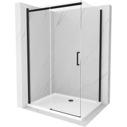 Mexen Omega rozsouvací sprchový kout 110 x 80 cm, Průhledné, Černá + sprchová vanička Flat, Bílá - 825-110-080-70-00-4010B