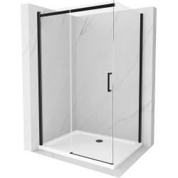 Mexen Omega rozsouvací sprchový kout 130 x 100 cm, Průhledné, Černá + sprchová vanička Flat, Bílá - 825-130-100-70-00-4010B