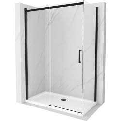 Mexen Omega rozsouvací sprchový kout 140 x 80 cm, Průhledné, Černá + sprchová vanička Flat, Bílá - 825-140-080-70-00-4010B