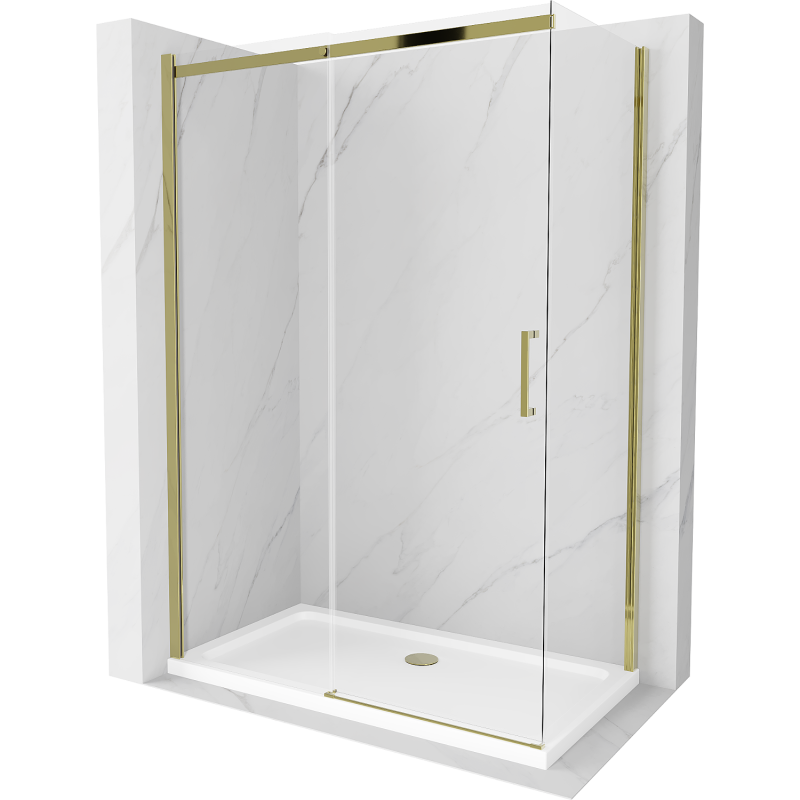 Mexen Omega posuvný sprchový kout 140 x 80 cm, transparentní, zlatý + vanička Flat - 825-140-080-50-00-4010