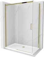 Mexen Omega posuvný sprchový kout 140 x 80 cm, transparentní, zlatý + vanička Flat - 825-140-080-50-00-4010