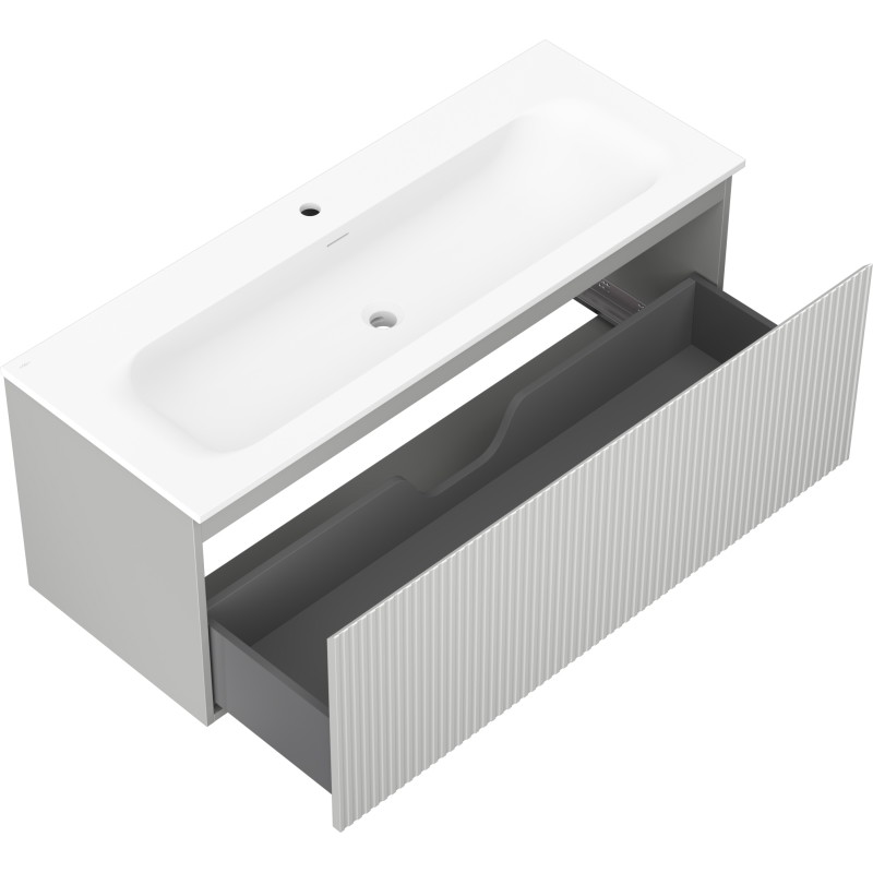 Mexen Rivel koupelnová skříňka 120 cm s umyvadlem Vela, 1 zásuvka, drážkovaná, šedá mat/bílá mat
