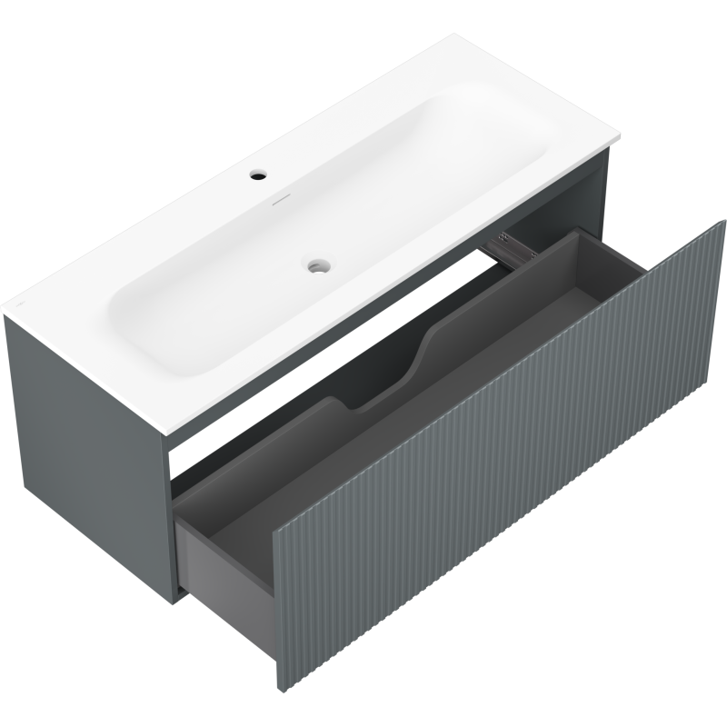 Mexen Rivel koupelnová skříňka 120 cm s umyvadlem Vela, 1 zásuvka, rýhovaná, grafit mat/bílá mat -