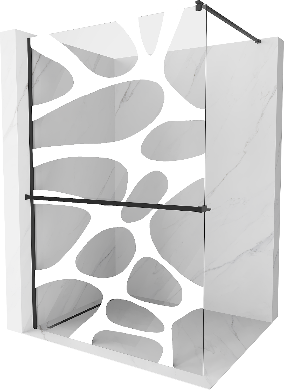 Mexen Kioto+ sprchová zástěna s poličkou a kolejnicí 110 x 200 cm, Průhledné/Bílý vzor 8 mm, Černá - 800-110-121-70-97