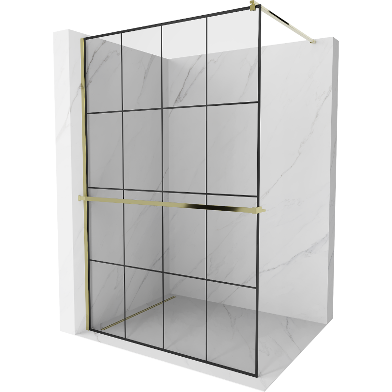 Mexen Kioto+ sprchová stěna s poličkou Walk-in 130 x 200 cm, černá mřížka, zlatá - 800-130-121-50-77