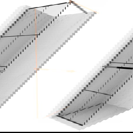 Mexen Kioto+ sprchová stěna s poličkou Walk-in 90 x 200 cm, černá mřížka, růžové zlato - 800-090-121-60-77