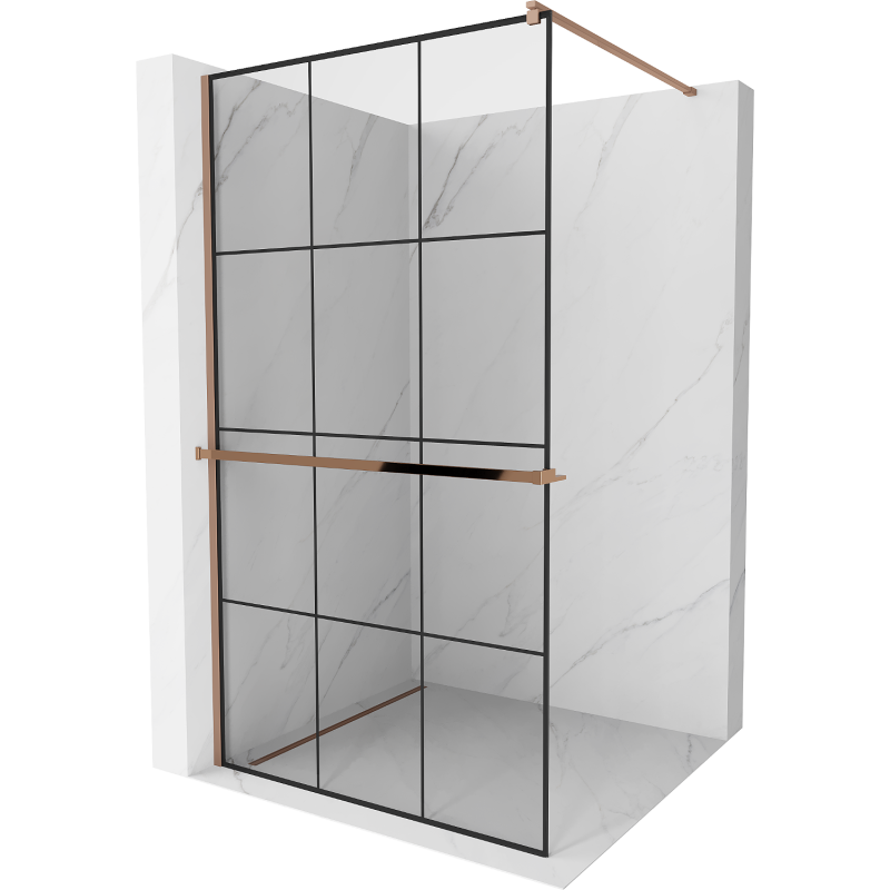 Mexen Kioto+ sprchová stěna s policí Walk-in 120 x 200 cm, černá mřížka, růžové zlato - 800-120-121-60-77