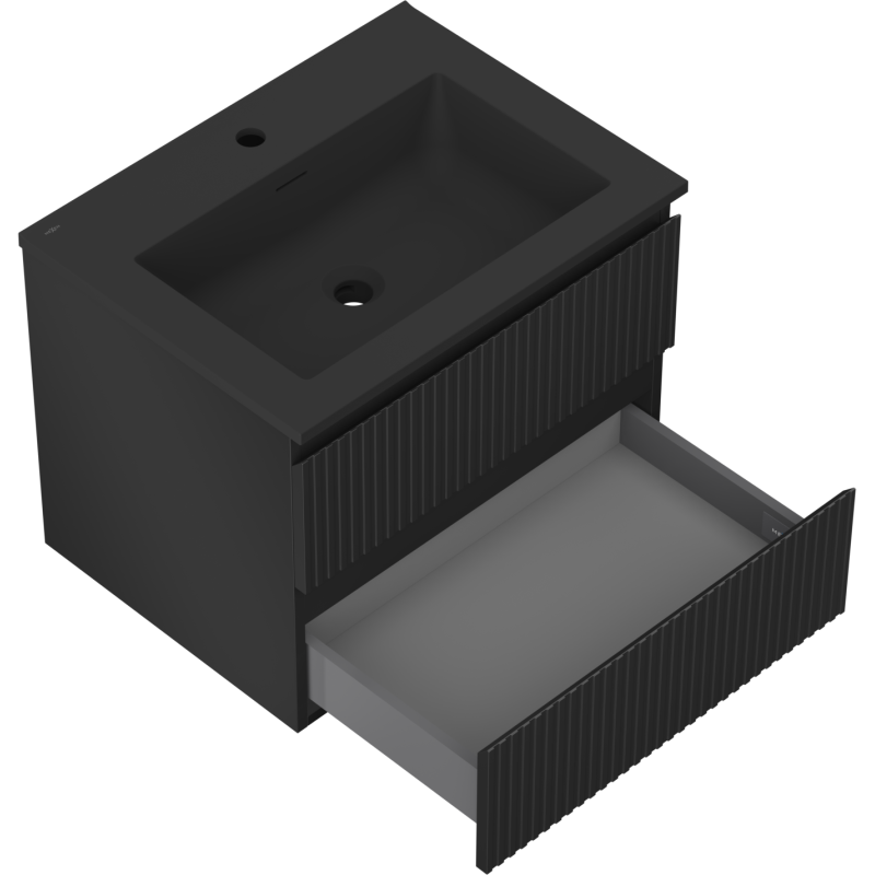 Mexen Rivel koupelnová skříňka 60 cm s umyvadlem Otis, 2 zásuvky, drážkovaná, černý mat - 91A20-06047-2-BFF71-W18M71