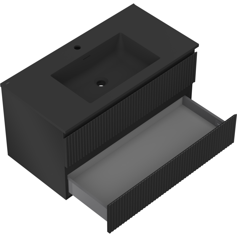 Mexen Rivel koupelnová skříňka 90 cm s umyvadlem Otis, 2 zásuvky, drážkovaná, černá mat - 91A20-09047-2-BFF71-W18M71