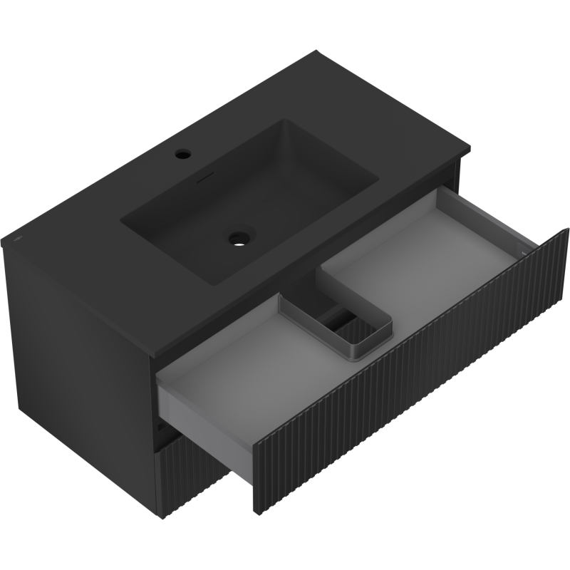 Mexen Rivel koupelnová skříňka 90 cm s umyvadlem Otis, 2 zásuvky, drážkovaná, černá mat - 91A20-09047-2-BFF71-W18M71