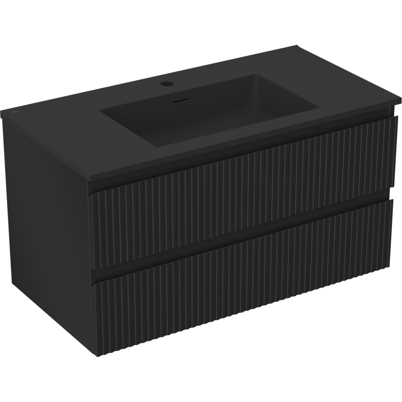 Mexen Rivel koupelnová skříňka 90 cm s umyvadlem Otis, 2 zásuvky, drážkovaná, černá mat - 91A20-09047-2-BFF71-W18M71