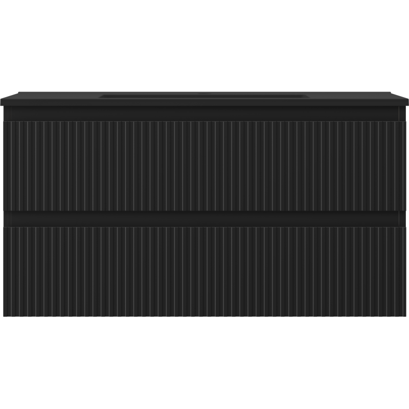 Mexen Rivel koupelnová skříňka 90 cm s umyvadlem Otis, 2 zásuvky, drážkovaná, černá mat - 91A20-09047-2-BFF71-W18M71